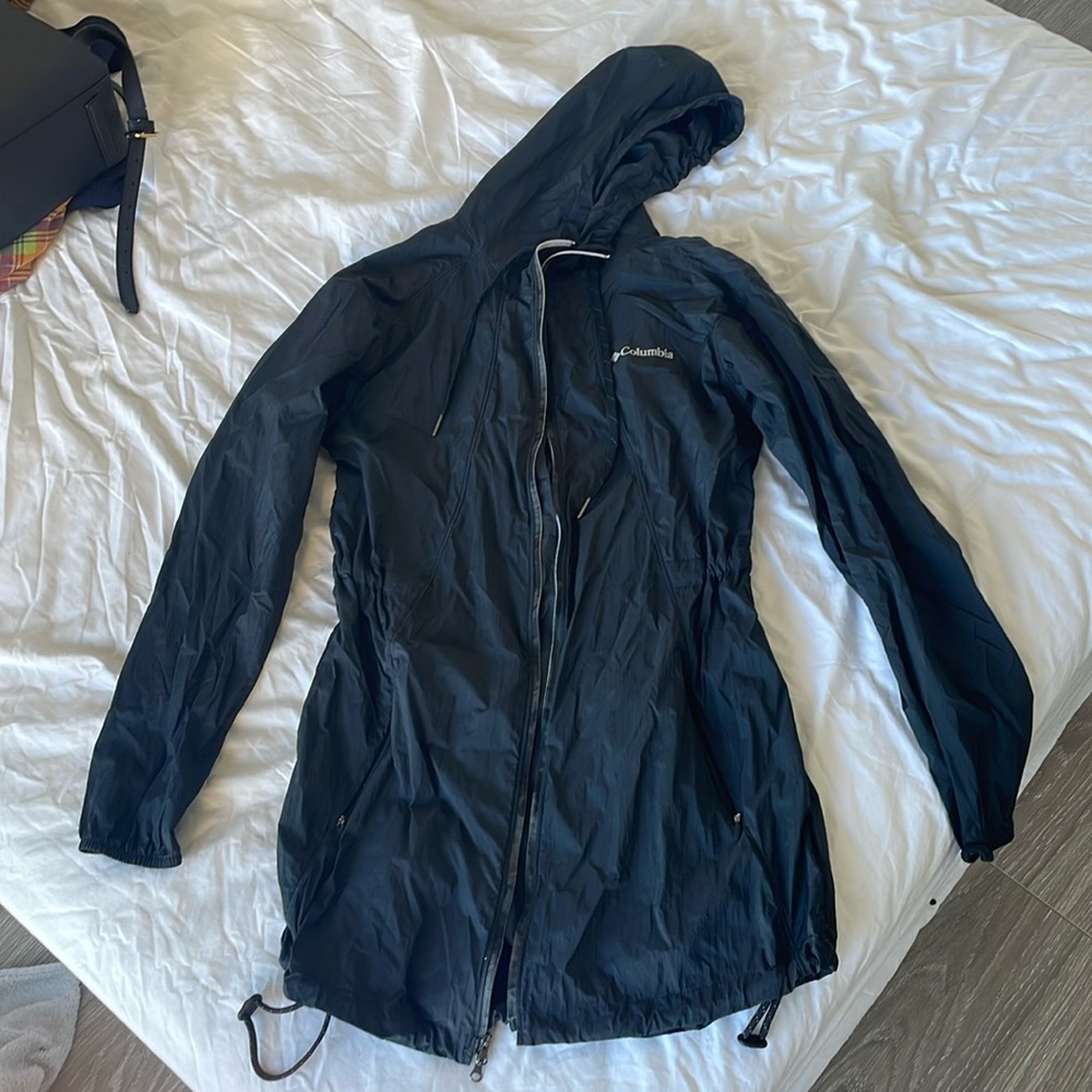 NWOT Long Black Columbia Rain Jacket with Hood